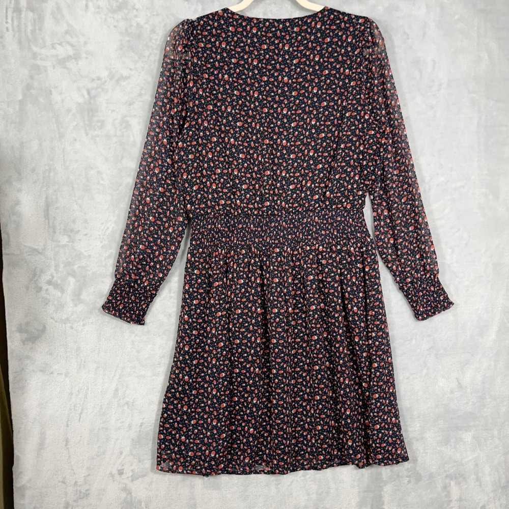 LOFT Women NEW Midi Dress M Navy Ladybug Print Smocked Chiffon V-Neck Career - Picture 5 of 12